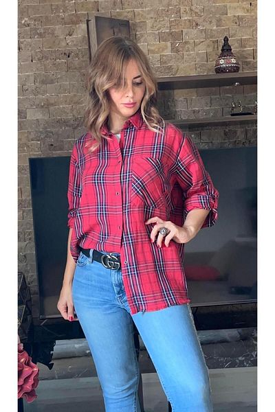 Cardella Red Plaid Oversize Premium Shirt - 100% Cotton, Ripped Skirt