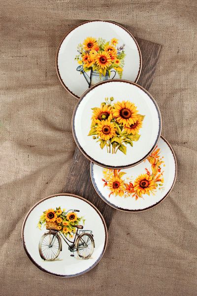 Bursa Porselen Dekor Retro Skirted Sunflower Porcelain Serving Plate - 4 Pieces