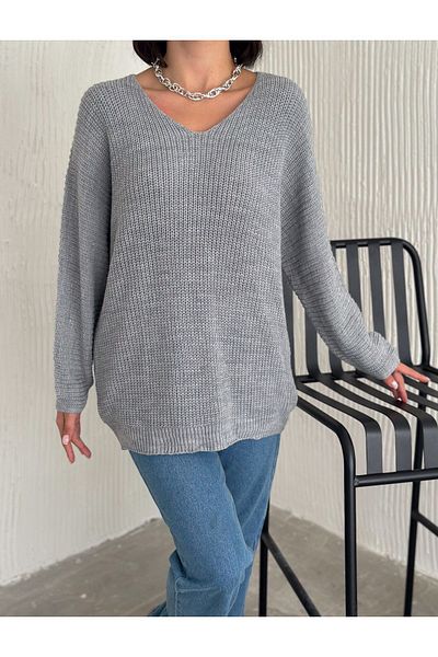 fiolin Thessaloniki Knitted V-Neck Oversize Knitwear Women's Sweater