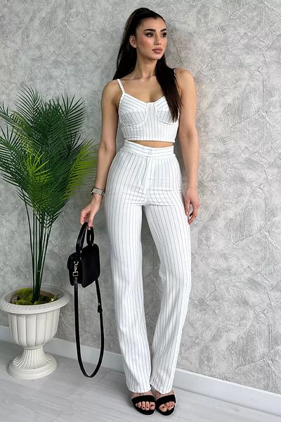 GÜLSELİ Cream Women's Striped Bustier Pants Double Set
