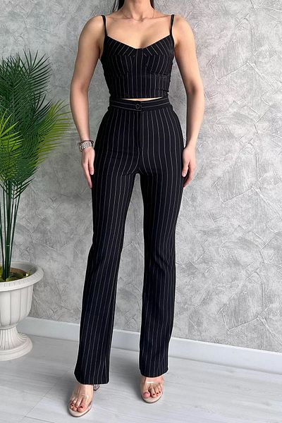 GÜLSELİ Black Women's Striped Bustier Trousers Double Set