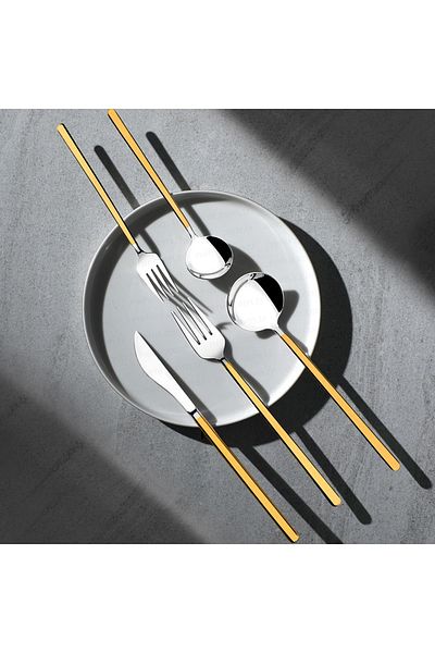 Nehir Sofia Gold Plain 12 Person 72 Piece Fork Spoon Knife Set