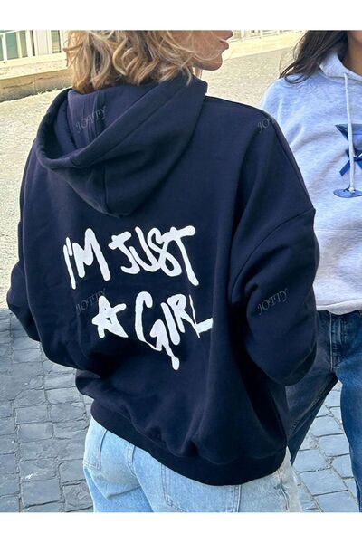 OVER HEAD Μπλε Navy I Am Just Girl Printed Oversize Hoodie - Φούτερ με 3 κλωστές