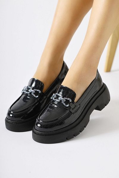 Limoya Mocasin cu cataramă cu lanț cu model de crocodil negru Lucin, pantofi de damă