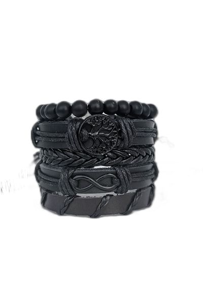 BSN Store Life Tree and Infinity Black Figured 5-Piece Real Leather Bracelet