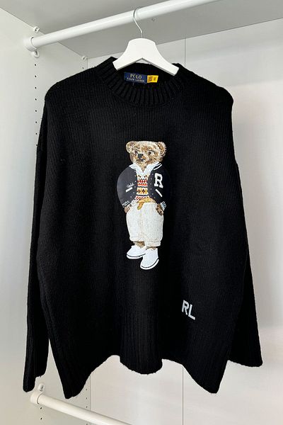 MAGARDE Black Teddy Bear Printed Oversize Knitwear Sweater