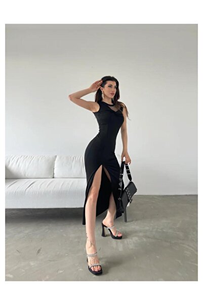 Genel Markalar Siyah Tül Detaylı Derin Yırtmaçlı Elbise BCDF-241055