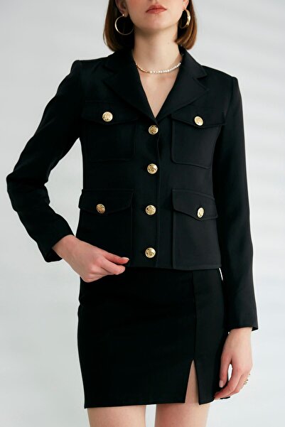 ORJEEN KADIN DÜZ RENK CROP MODEL CEP DETAYLI BLAZER CEKET