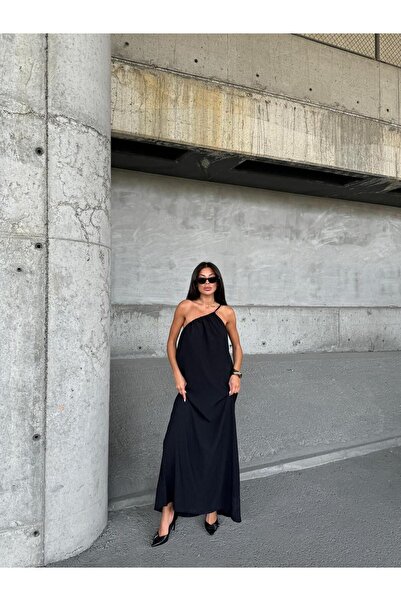 Butik Ayrobin Ayarlanabilir  Tek Askılı Siyah Elbise