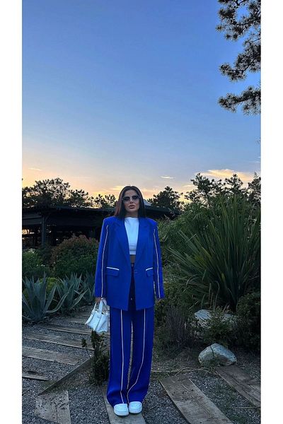 Bella Breeze Jachetă Blazer Damă Detaliată în dungi Palazzo Pantaloni Costum