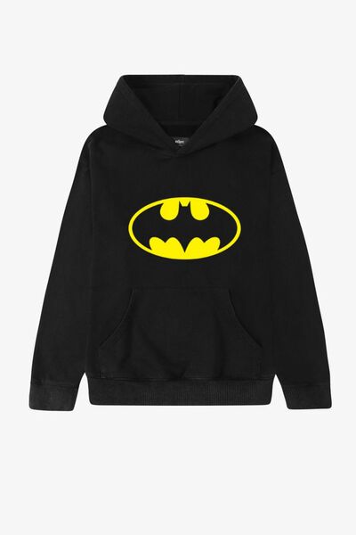 Violon سويت شيرت أسود بغطاء للرأس مطبوع عليه باتمان للجنسين مقاس كبير