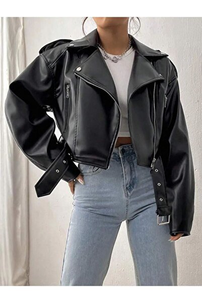 MODA DURAĞI Kemerli Oversize Crop Kadın Deri Ceket