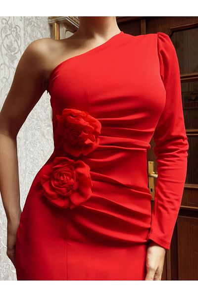 1Moda1Tarz Κόκκινο κρεπ γυναικείο φόρεμα - Ειδικό σχέδιο με τριαντάφυλλο και λεπτομέρεια με σχισμή, φόδρα