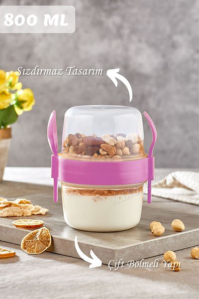 KaktüsKedi Large Size Prepar and Go Snack Container with Spoon and Fork - Food Carrying and Storage Container 800 ml
