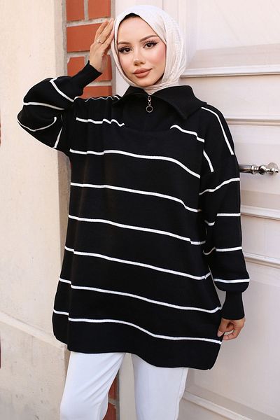 benguen 11037-30 Tricotaj cu fermoar cu dungi negre