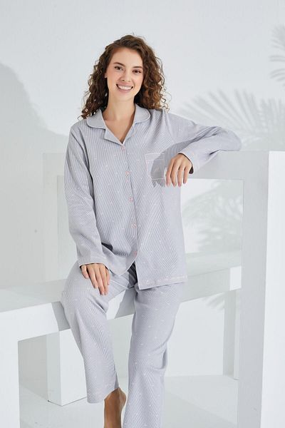 Etoile Set de pijamale pentru femei, cu mânecă lungă, cu nasturi în față, 100% bumbac
