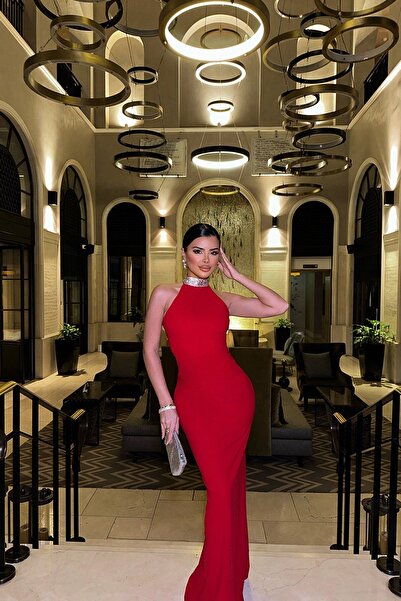 Eyyo Kırmızı Noah Taş Detay Uzun Elbise ATE-0906