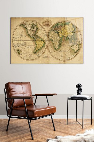 Vosevu Two Hemisphere Map Glass Table, Modern Home Office Decoration, Gift Wall Decoration, Shatterproof Glass