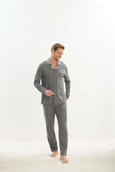 Sevim Πράσινες ανδρικές πιτζάμες - Μακρύ μανίκι, γιακάς πουκάμισου, μπροστινό κουμπί C7T2N5O9