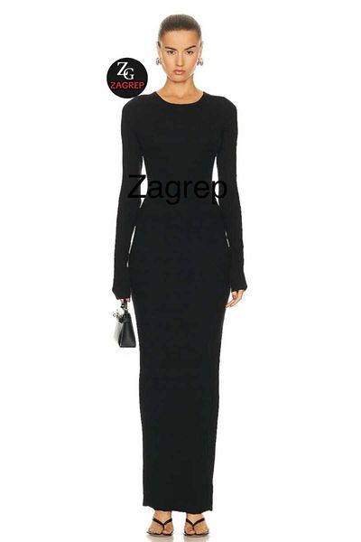 Zagrep Black Silk Maxi Dress - Long Sleeve, Crew Neck, Zip and Lined