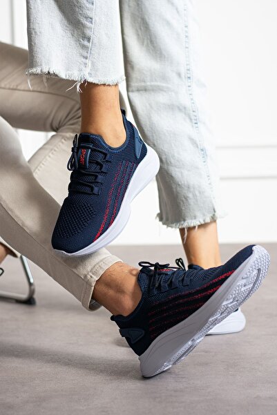 eformoda by emre yılmaz Lacivert Kırmızı Unisex Yıkanabilir Rahat Hava Alabilen Kokusuz Triko Spor Ayakkabı Sneaker 015