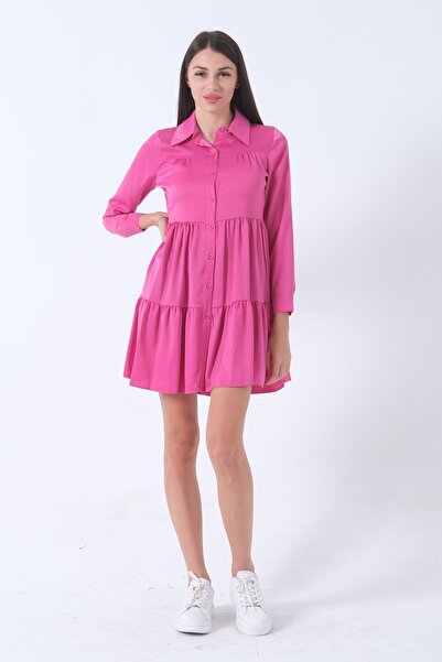 Feminist Midi Boy Kısa Gömlek Elbise Fuşya 41690003