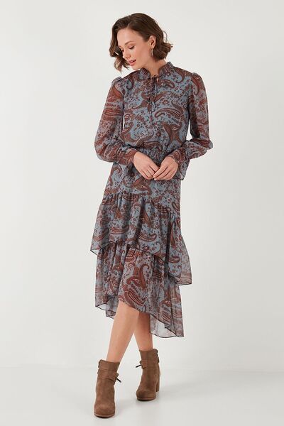 Lela Regular Fit Yaka Detaylı Volanlı Şifon Midi Elbise  ELBİSE 611EL1448