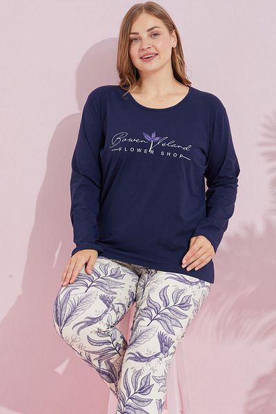 Siyah İnci Navy Blue Multicolored Cotton Curve Large Size Oversize Knitted Pajama Set 24240751
