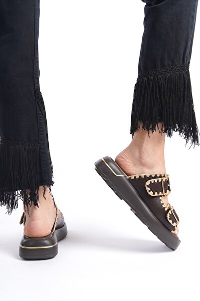 NOSEY SHOES Sofia Model Genuine Leather Brown Thick Sole Knitted Detailed Buckle Daily Women's Slippers