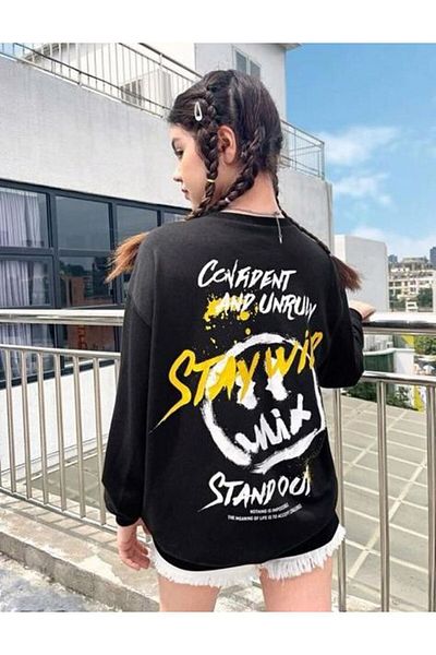 GLOWES Унисекс детски суитшърт - голям размер черен, с щампа Stay Wilp Stronot