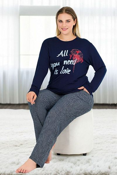 Lady Lingerie Viscose Fabric - Battal Cut Crew Neck Women's Pajamas Set, Long Sleeve and Printed