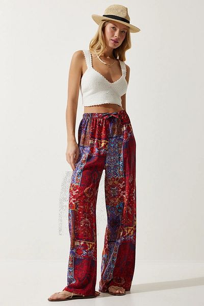 Namaste Vintage Colorful Patterned Loose-Fitting Elastic Waist Viscose Trousers