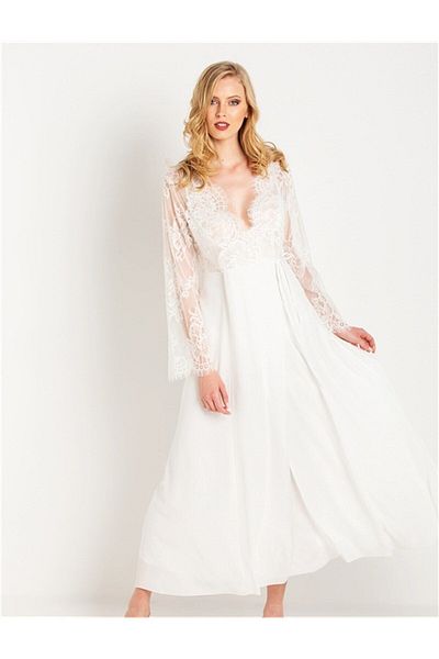 Magic Form Lace Top Crepe Long Women's Dressing Gown - 31770