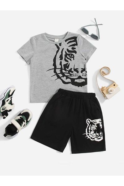 GLOWES Unisex Children's Gray Lion Printed Shorts Set