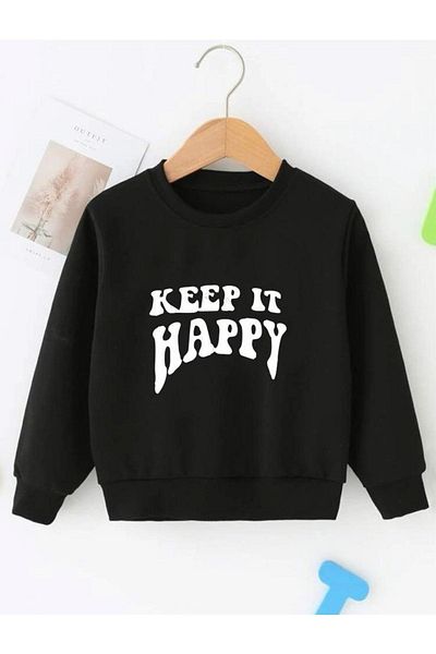GLOWES Унисекс детски суитшърт - голям размер, черен, с щампа Keep It Happy