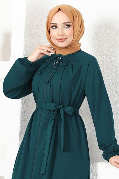 ModaMerve Petrol Colored Ferace with Zipper - Nya2499