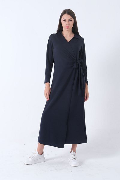 Feminist Navy Blue Wraped Knitted Dress - Side Tie 31061509