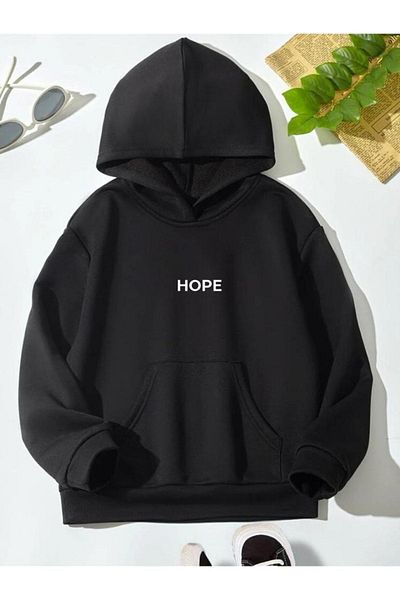 GLOWES Унисекс детски суитшърт - черен с щампа Hope, голям размер с качулка