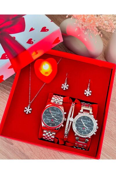 Has Gümüş Çift Saat Bileklik Kolye ve Küpe Hediyeli Kare Set Kutu