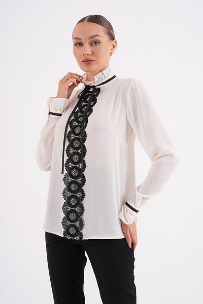 Loom Boutique Plus Size Lace Detailed Cream Crepe Blouse - B0051