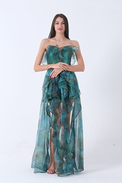 Feminist Fırfırlı Tül Şifon Abiye Elbise Zümrüt 0802000