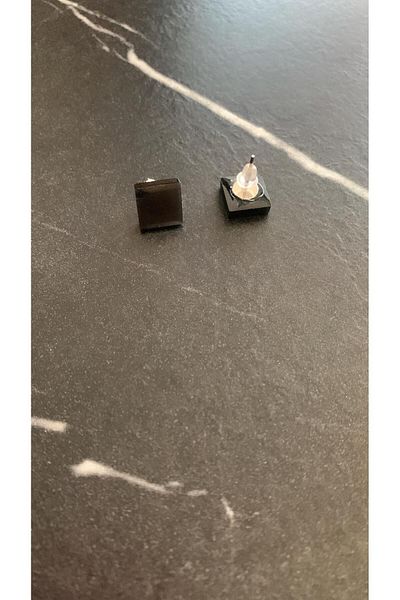 MISS GOLDEN Shiny Black Epoxy Earrings - Small Square Shape, Silver Accessory, Gift Handmade