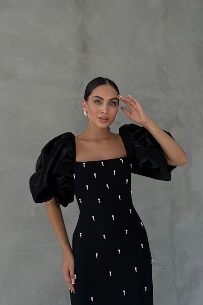 Seda Yalçın Atelier Pearl Detailed Black Princess Sleeve Zipper Dress