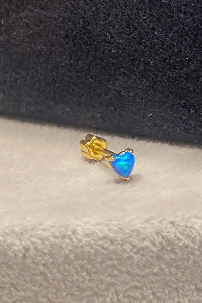Mavi Opal Mini Kalp Gold Arka Çiçek Döndürmeli Gümüş Piercing,helix,flat,conch,tragus vb.