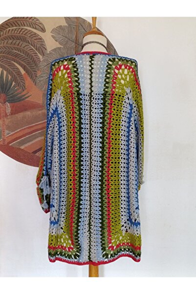 Hippybutik Mavi Yeşil Kırmızı Uzun Mandala Tığ Dokuma El Işi Tasarım Hırka