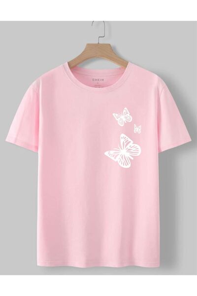 GLOWES Унисекс детска тениска - Оувърсайз, Розова, с щампа на пеперуда