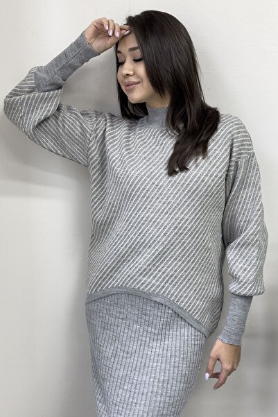 zks grup tekstil Gray White Striped Women's Dress and Sweater Set