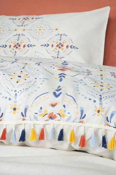 Cotton Box Σετ Παπλωματοθήκη με διπλό σχέδιο Ranforce Tile Bohemian - Ζωντανά χρώματα και διακοσμητικές φούντες