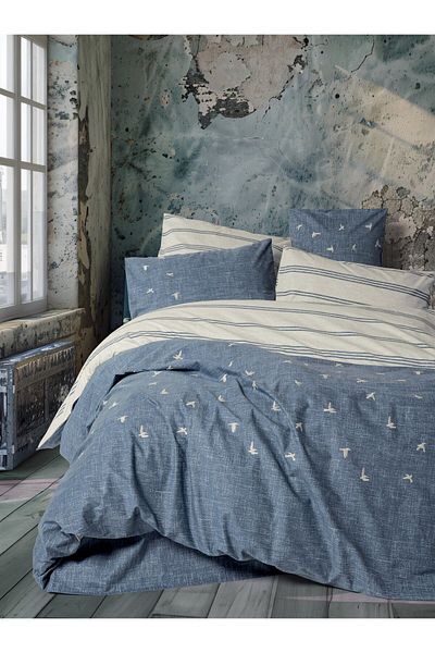 Cotton Box Σετ Παπλωματοθήκη με διπλό κέντημα Klein Ranforce - Ceria Navy Blue