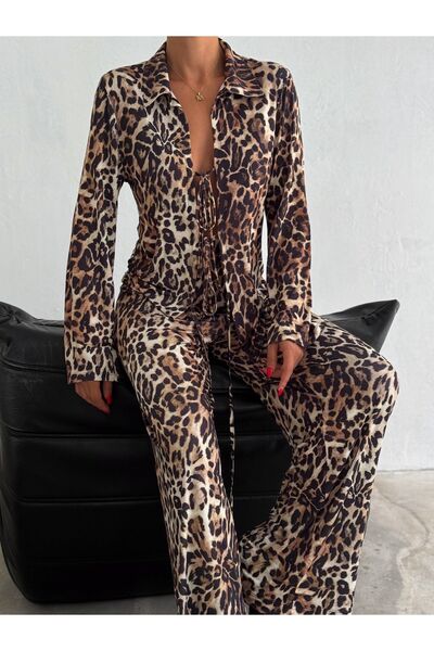 orjinal blue b Kadife Leopar Desenli Bağlamalı Takım